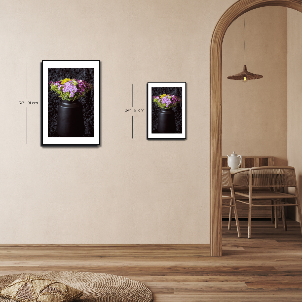 Two framed pictures of flowers on a wall with a dining area in the  ~ Fine Art Photography by Ivo Titzin ~ Gito Limited Wall Art background.