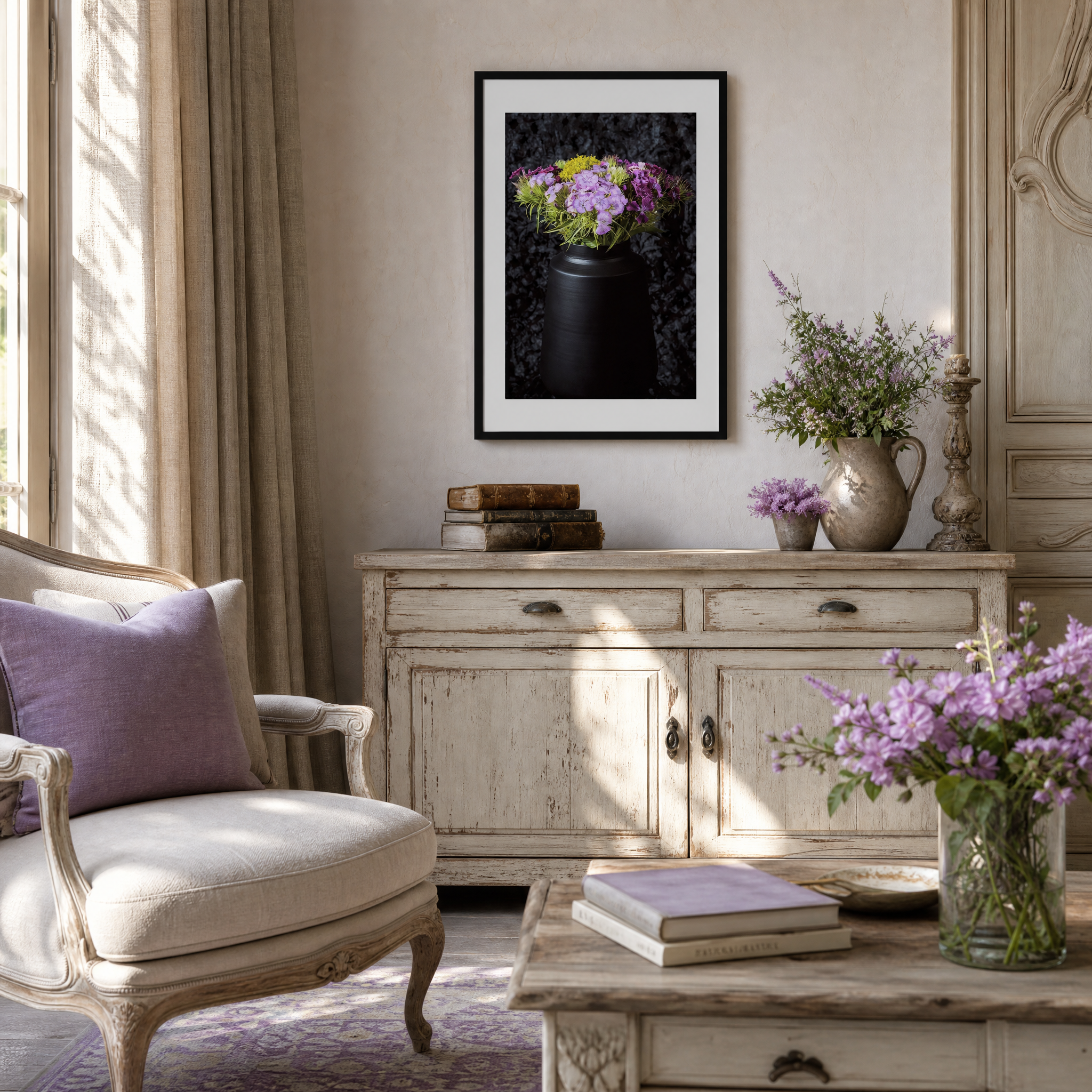 Living room with a beige armchair, wooden sideboard, and decorative flowers.  ~ Fine Art Photography by Ivo Titzin ~ Gito Limited Wall Art 