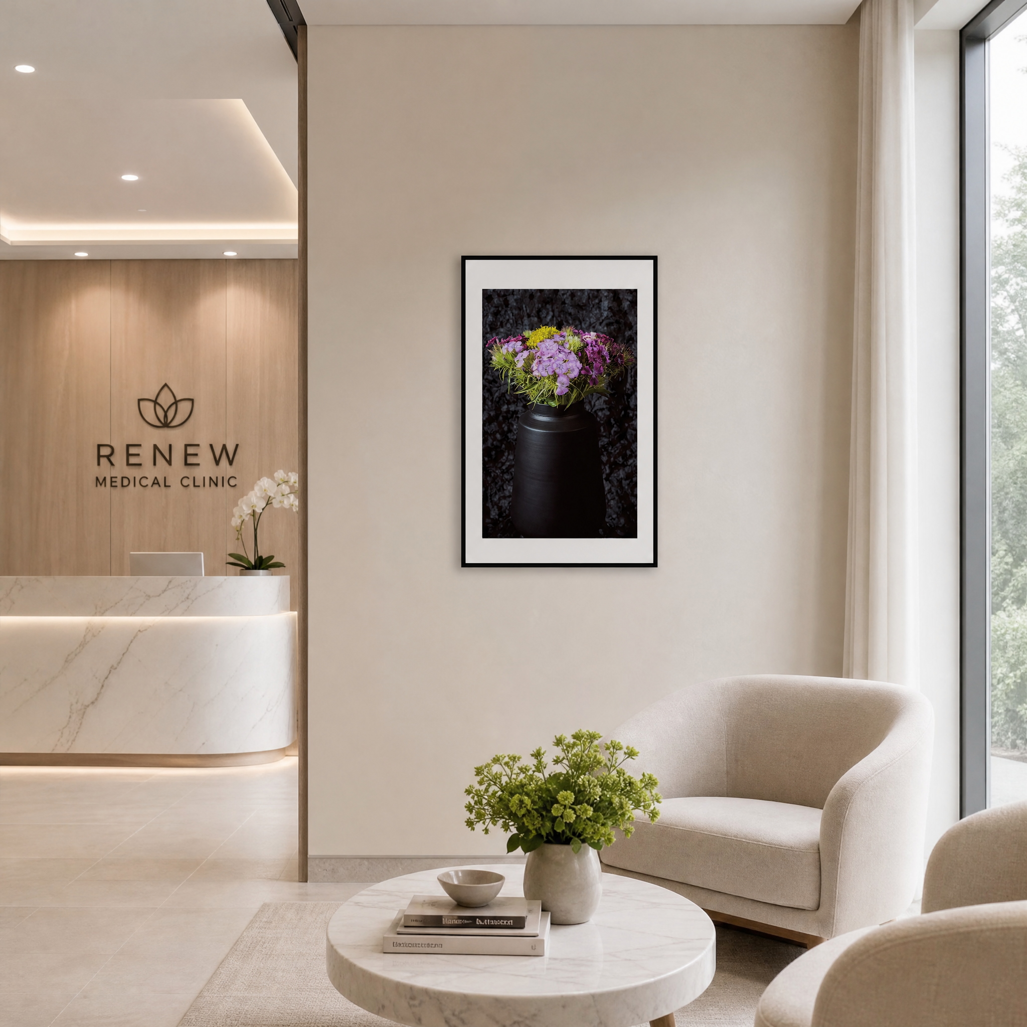 Modern clinic interior with 'RENEW MEDICAL CLINIC' sign, floral arrangements, and comfortable seating.  ~ Fine Art Photography by Ivo Titzin ~ Gito Limited Wall Art 