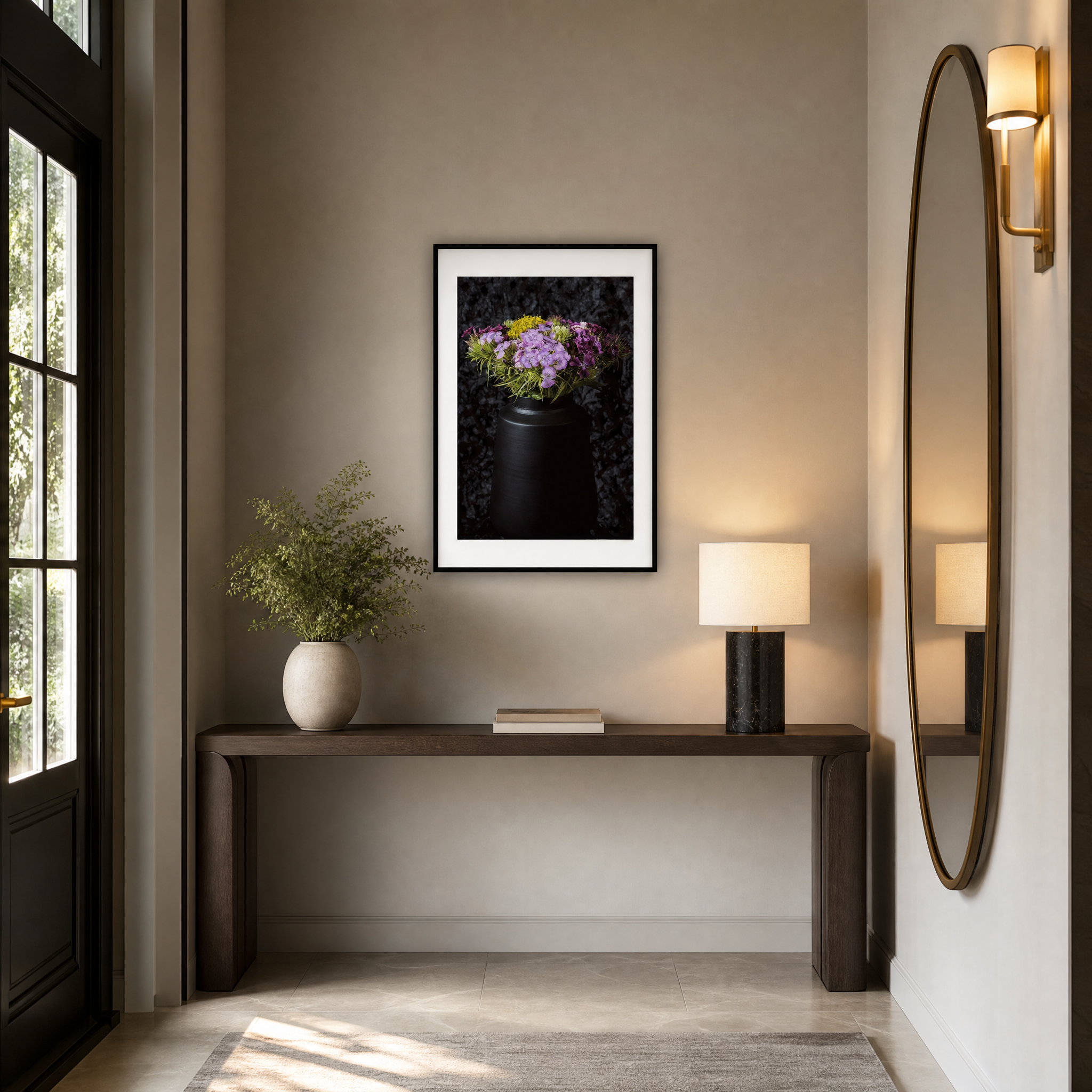 Modern interior with a console table, mirror, and decorative items.  ~ Fine Art Photography by Ivo Titzin ~ Gito Limited Wall Art 
