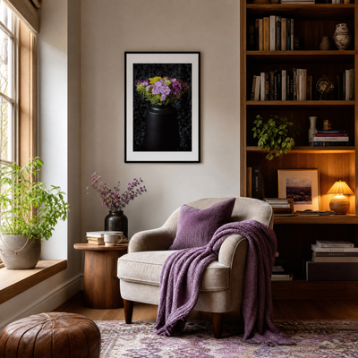 Cozy living room with a chair, bookshelf, and decorative elements.  ~ Fine Art Photography by Ivo Titzin ~ Gito Limited Wall Art 
