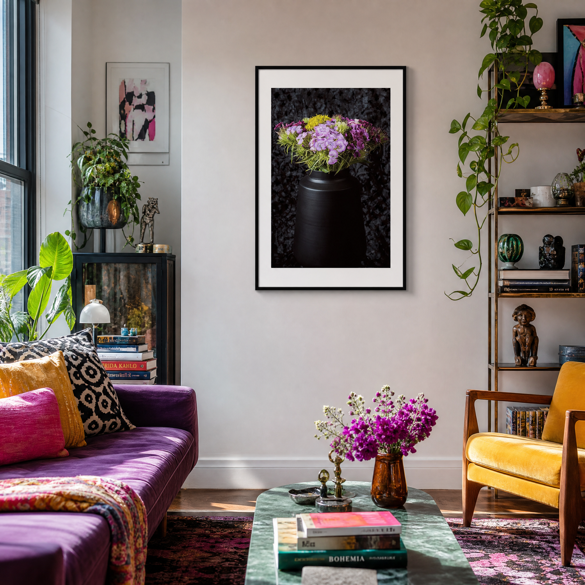 Living room with a purple sofa, yellow chair, and a framed picture of flowers on the wall.  ~ Fine Art Photography by Ivo Titzin ~ Gito Limited Wall Art 