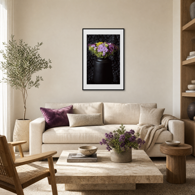 Living room with beige sofa, wooden armchair, and coffee table with decorative items.  ~ Fine Art Photography by Ivo Titzin ~ Gito Limited Wall Art 