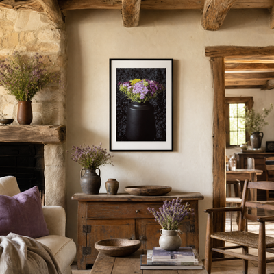 Living room with floral arrangements, a fireplace, and framed artwork.  ~ Fine Art Photography by Ivo Titzin ~ Gito Limited Wall Art 