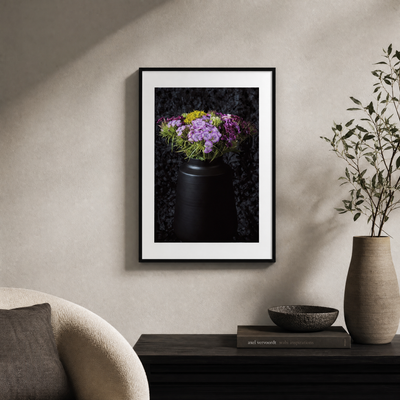 Framed artwork of flowers on a wall in a living room setting.  ~ Fine Art Photography by Ivo Titzin ~ Gito Limited Wall Art 