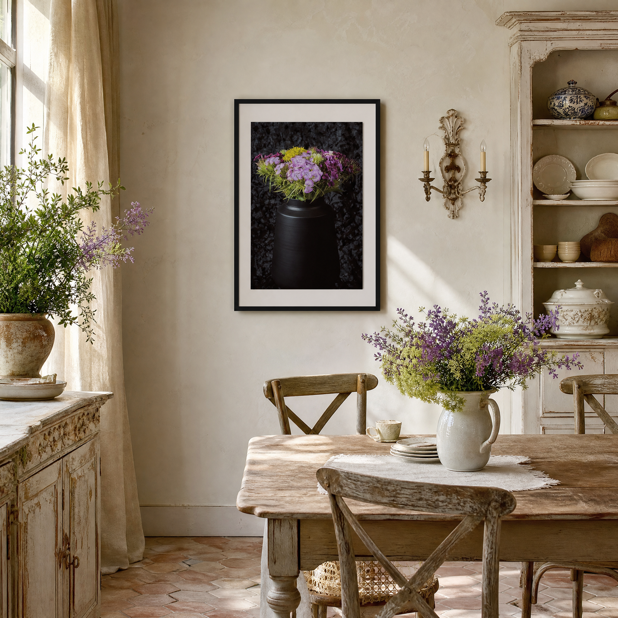 Rustic dining room with wooden table, chairs, and floral arrangements.  ~ Fine Art Photography by Ivo Titzin ~ Gito Limited Wall Art 