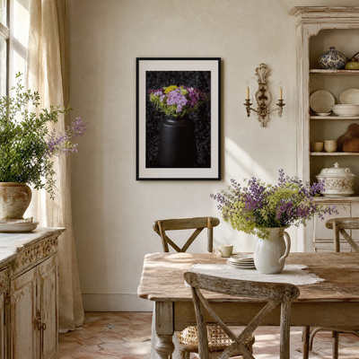 Rustic dining room with wooden table, chairs, and floral arrangements.  ~ Fine Art Photography by Ivo Titzin ~ Gito Limited Wall Art 
