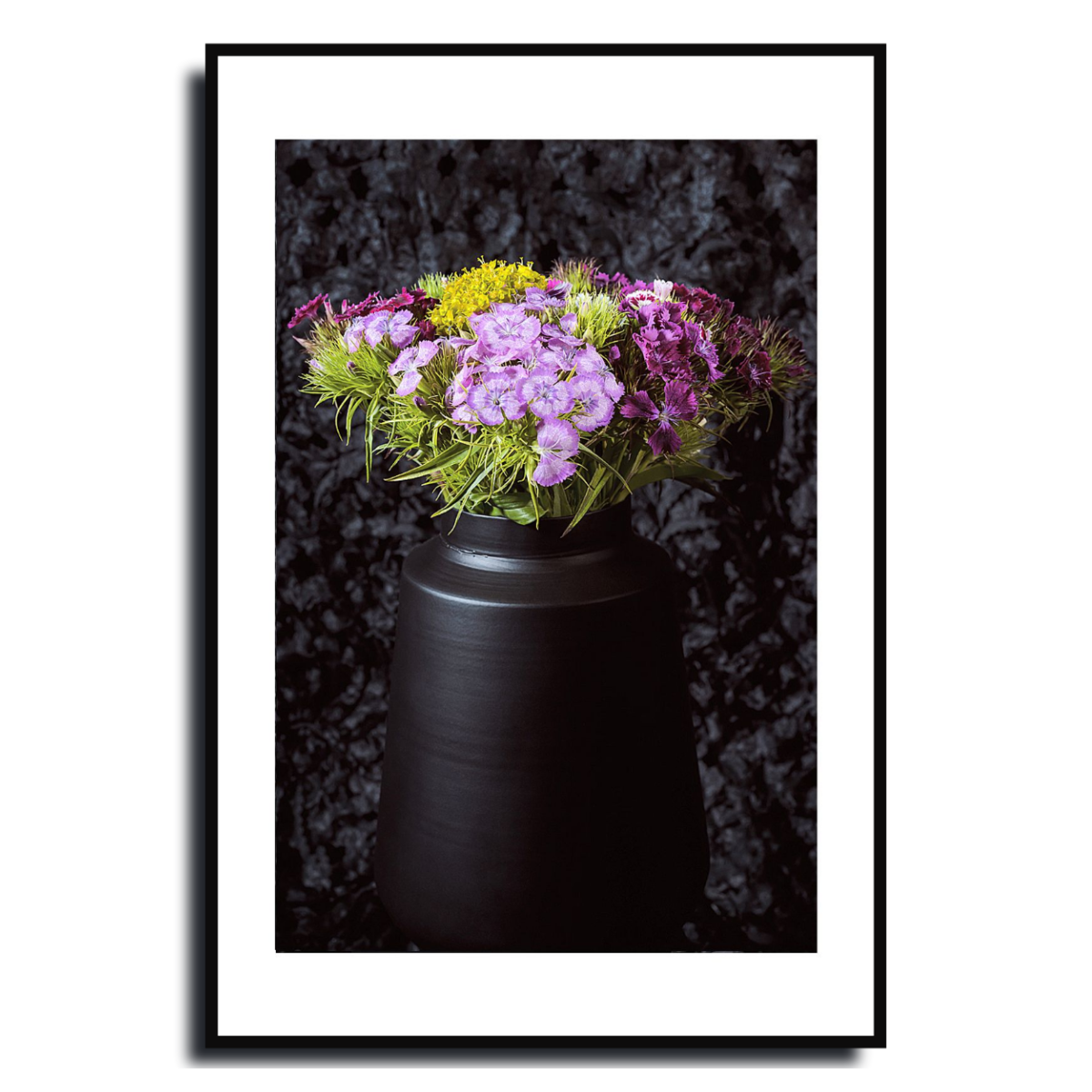 Framed photograph of a black vase with colorful flowers against a dark background  ~ Fine Art Photography by Ivo Titzin ~ Gito Limited Wall Art 