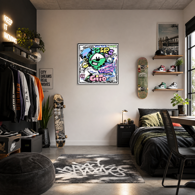 Gito Fine Art Print - Art Vladi Vl Comics - Tigers
A framed graffiti art print featuring a green cartoon character and colorful street art text, displayed on a bedroom wall above a bed, with skateboards, shoes, and other decor in a modern styled room.