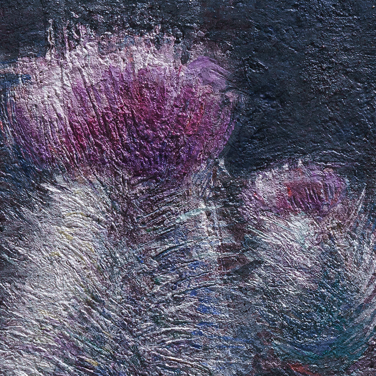 Abstract art with textured purple and gray shapes on a dark background