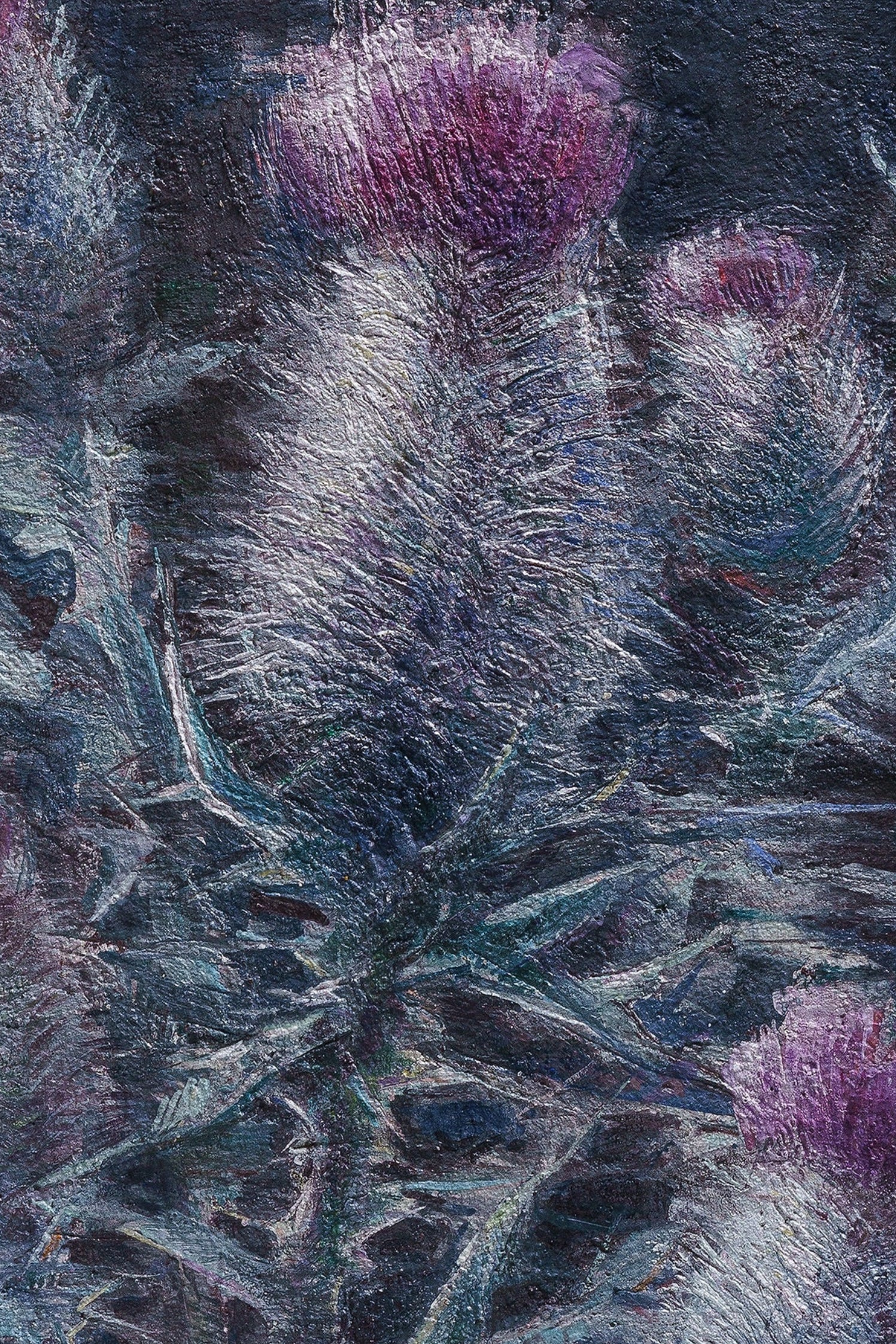 Impressionistic painting of purple thistle flowers with textured brushstrokes in shades of blue, gray, and dark navy.