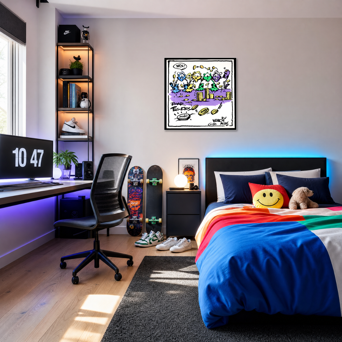 Gito Fine Art Print - Art Vladi Vl Comics - Tigers
A modern bedroom interior with a bed dressed in bright blue bedding and a rainbow blanket, a black desk with a computer monitor, shelving, and a framed abstract art print on the wall above the bed.