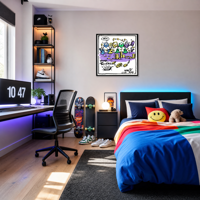 Gito Fine Art Print - Art Vladi Vl Comics - Tigers
A modern bedroom interior with a bed dressed in bright blue bedding and a rainbow blanket, a black desk with a computer monitor, shelving, and a framed abstract art print on the wall above the bed.