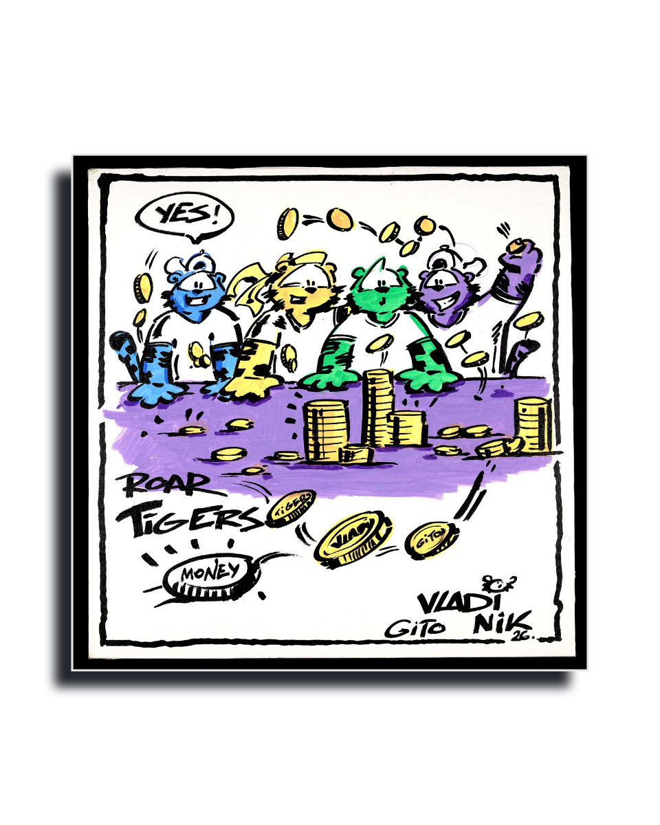 Gito Fine Art Print - Art Vladi Vl Comics - Tigers
A framed cartoon art print titled 'Roar Tigers' by Viadi Gito Nik, featuring colorful tiger characters jumping over gold coins on a purple ground, set against a white background.
