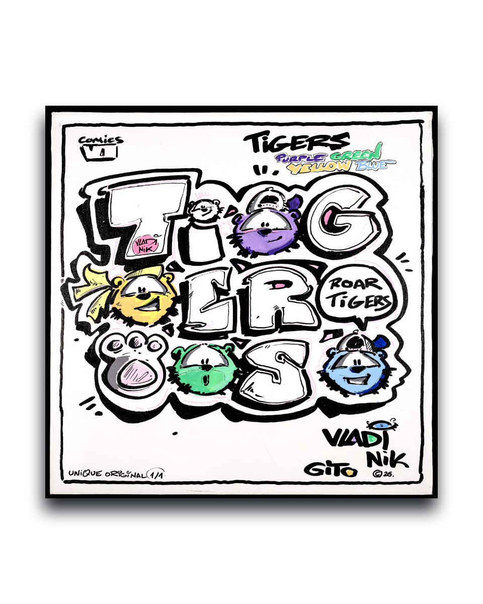 Gito Fine Art Print - Art Vladi Vl Comics - Tigers
A square black-framed art print featuring colorful graffiti-style tiger illustrations and the words 'TIGER TIGRS' on a white background.