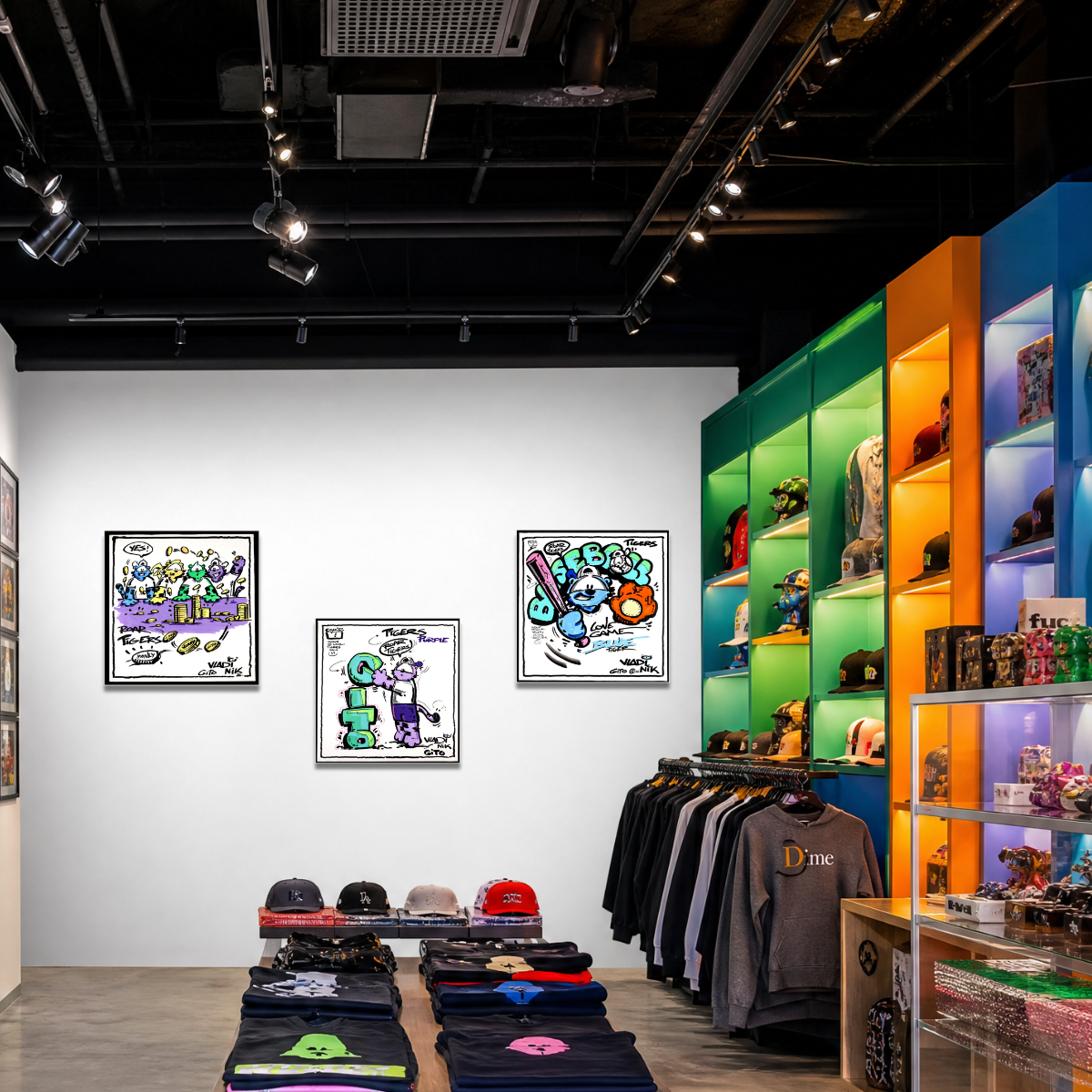 Gito Fine Art Print - Art Vladi Vl Comics - Tigers
A retail store interior with framed graffiti-style wall art hanging on a white wall, clothing racks, folded apparel, and illuminated display shelves in green, orange, blue, and purple. No person is visible, but this is still not a clean isolated product shot because it shows a real store environment.