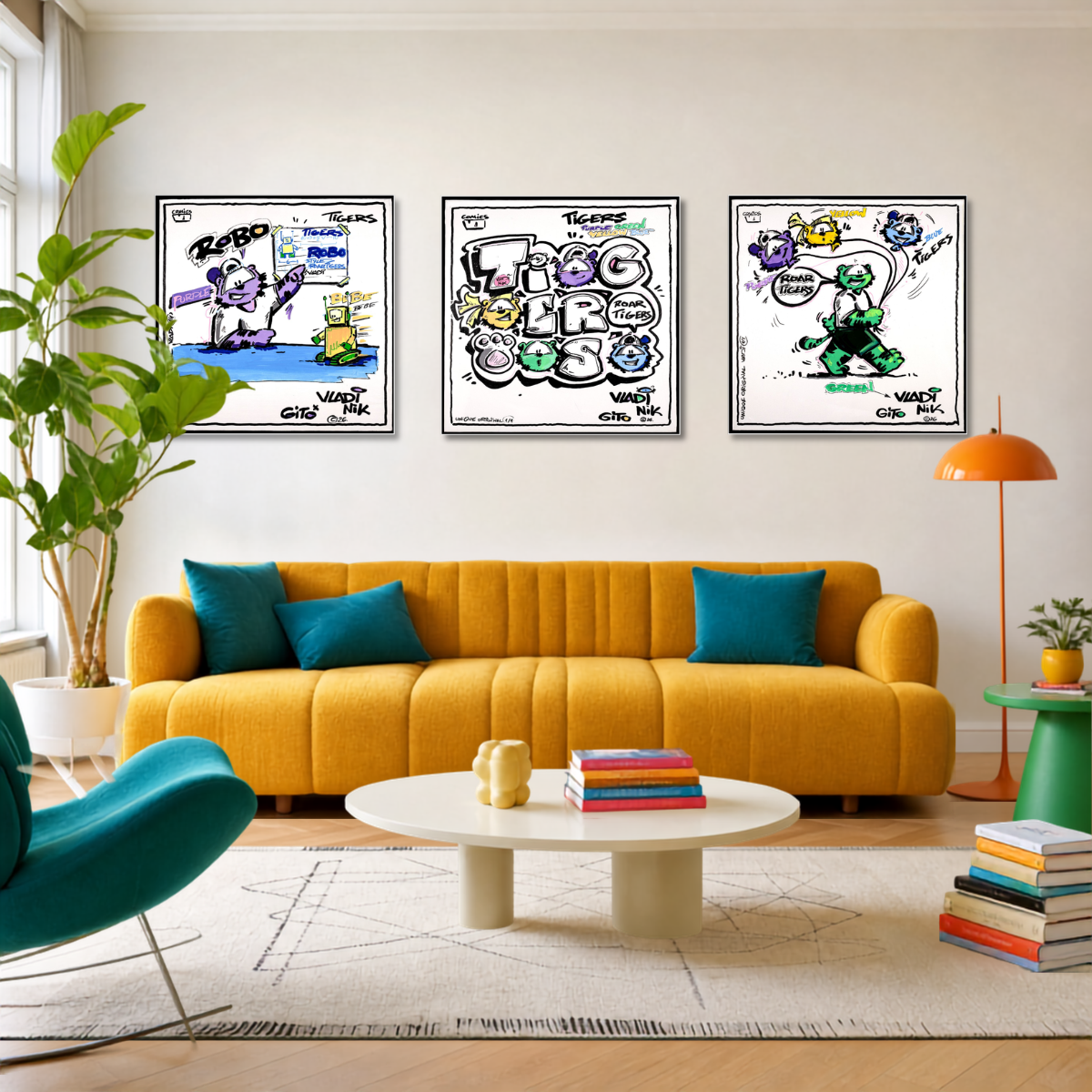 Gito Fine Art Print - Art Vladi Vl Comics - Tigers
Three framed pop-art style posters with colorful graffiti lettering and cartoon characters are displayed above a mustard yellow sofa in a modern living room setting.
