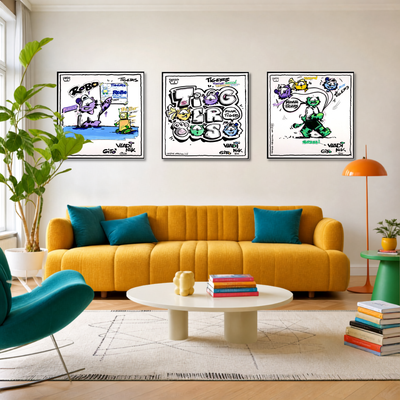 Gito Fine Art Print - Art Vladi Vl Comics - Tigers
Three framed pop-art style posters with colorful graffiti lettering and cartoon characters are displayed above a mustard yellow sofa in a modern living room setting.
