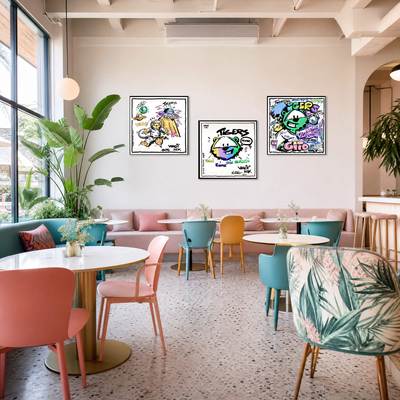 Gito Fine Art Print - Art Vladi Vl Comics - Tigers
Three framed colorful art prints featuring cartoon characters and graffiti-style designs are displayed on a white wall in a modern, bright cafe interior with pink and teal chairs, round tables, and large potted plants.