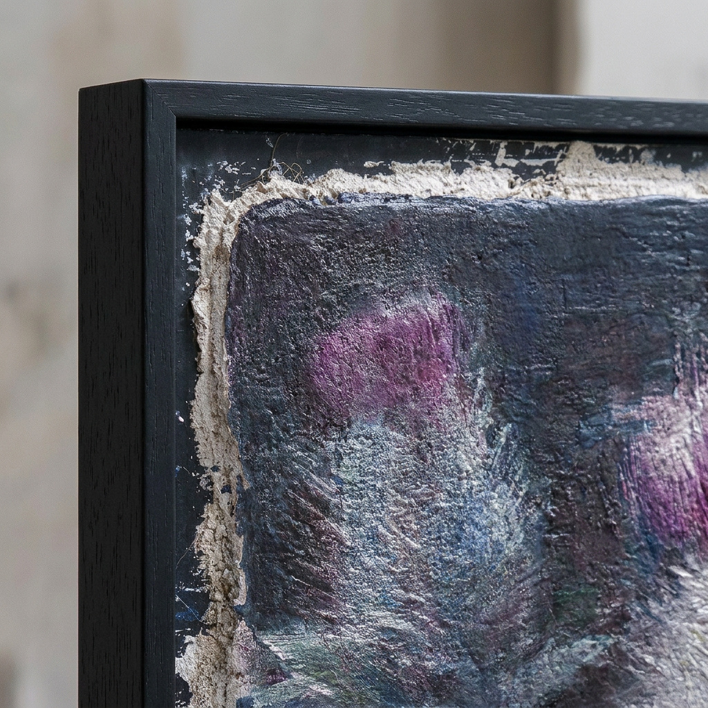 Close-up of an abstract painting with visible texture and color on a textured wall background.
