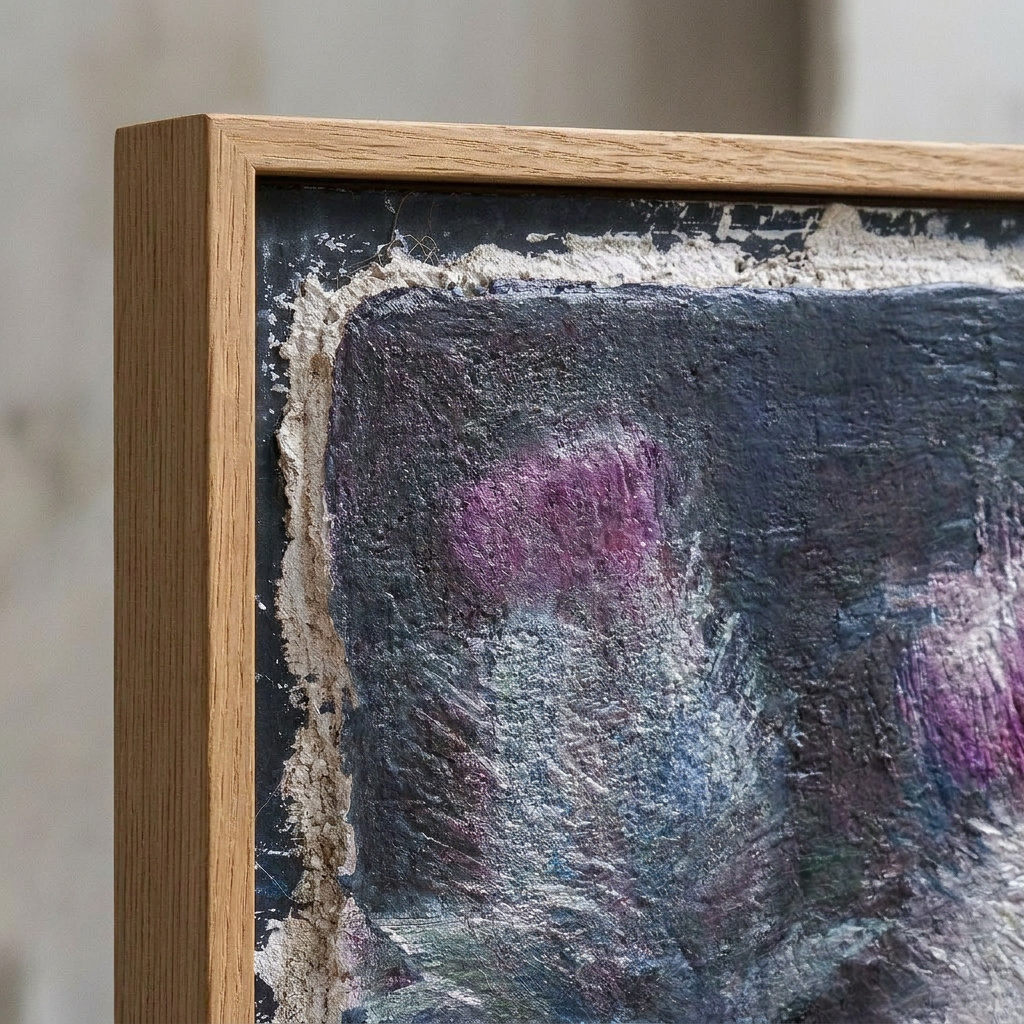 Close-up of a textured painting with a wooden frame.
