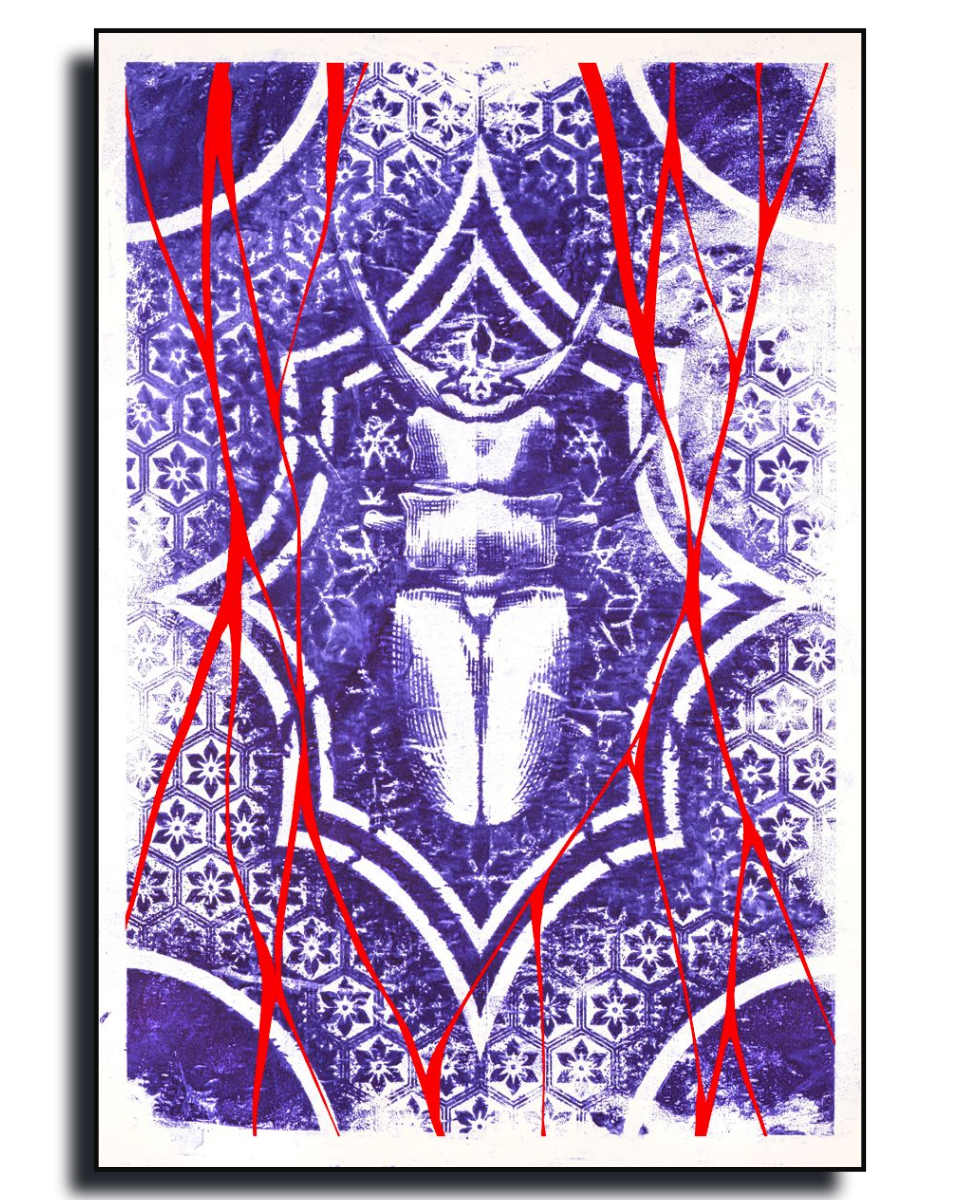 Gito.Art - Exclusive Art Print - Tattoo Art by Dimitryan
A square art print or canvas featuring an abstract Egyptian-themed design with a scarab beetle motif, intricate geometric patterns, and bold yellow diagonal lines over a purple and white textured background.
