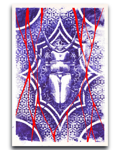 Gito.Art - Exclusive Art Print - Tattoo Art by Dimitryan
A square art print or canvas featuring an abstract Egyptian-themed design with a scarab beetle motif, intricate geometric patterns, and bold yellow diagonal lines over a purple and white textured background.