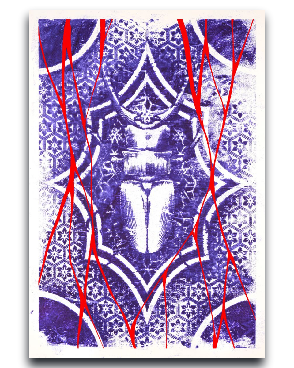 Gito.Art - Exclusive Art Print - Tattoo Art by Dimitryan
A square art print or canvas featuring an abstract Egyptian-themed design with a scarab beetle motif, intricate geometric patterns, and bold yellow diagonal lines over a purple and white textured background.