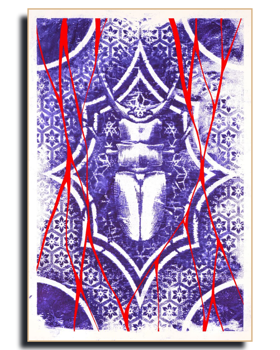 Gito.Art - Exclusive Art Print - Tattoo Art by Dimitryan
A square art print or canvas featuring an abstract Egyptian-themed design with a scarab beetle motif, intricate geometric patterns, and bold yellow diagonal lines over a purple and white textured background.