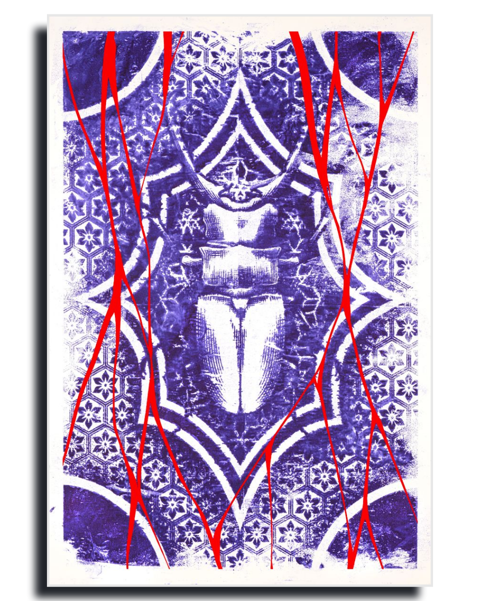 Gito.Art - Exclusive Art Print - Tattoo Art by Dimitryan
A square art print or canvas featuring an abstract Egyptian-themed design with a scarab beetle motif, intricate geometric patterns, and bold yellow diagonal lines over a purple and white textured background.